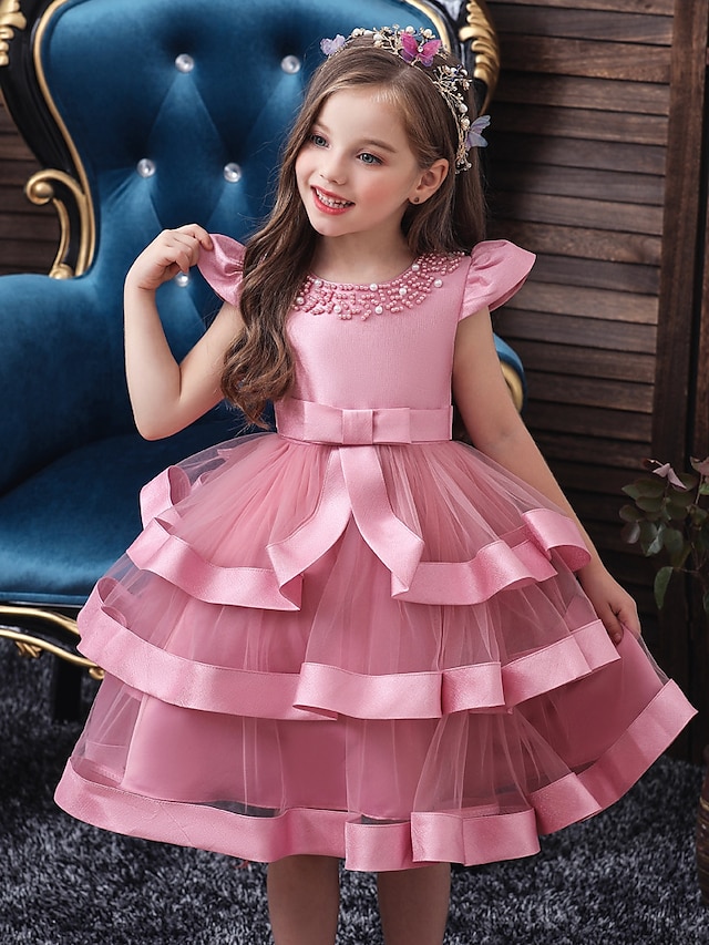  Kids Toddler Little Dress Girls' Solid Colored Party Birthday Performance A Line Dress Bow Green Blue Pink Knee-length Sleeveless Elegant Princess Sweet Dresses Spring Summer New Year Slim 2-8 Years