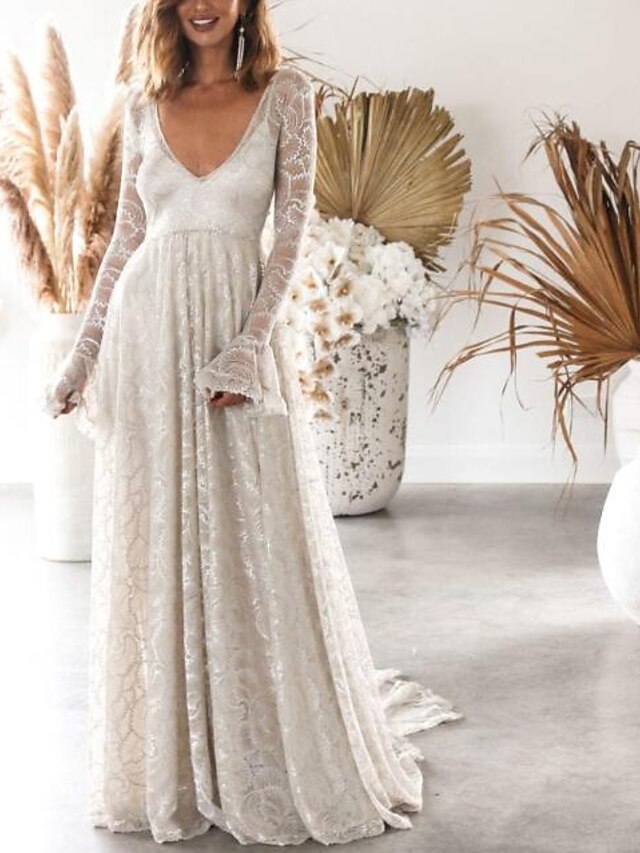  Women's Maxi White Dress Sheath Solid Colored Deep V S M Slim / Lace