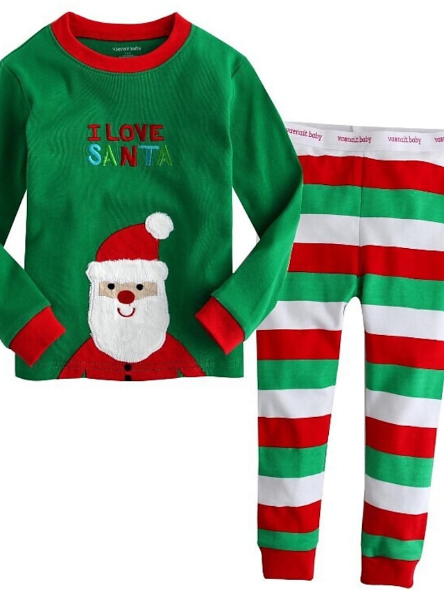  Kids Boys' Clothing Set Long Sleeve Green Striped Christmas Basic