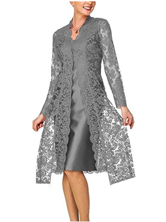  Women's Lace Knee Length Dress Blue Gray Black Red Long Sleeve Solid Colored Lace Clothing Fall Spring V Neck Hot For Mother / Mom Going out 2021 S M L XL XXL 3XL 4XL 5XL / Plus Size / Satin