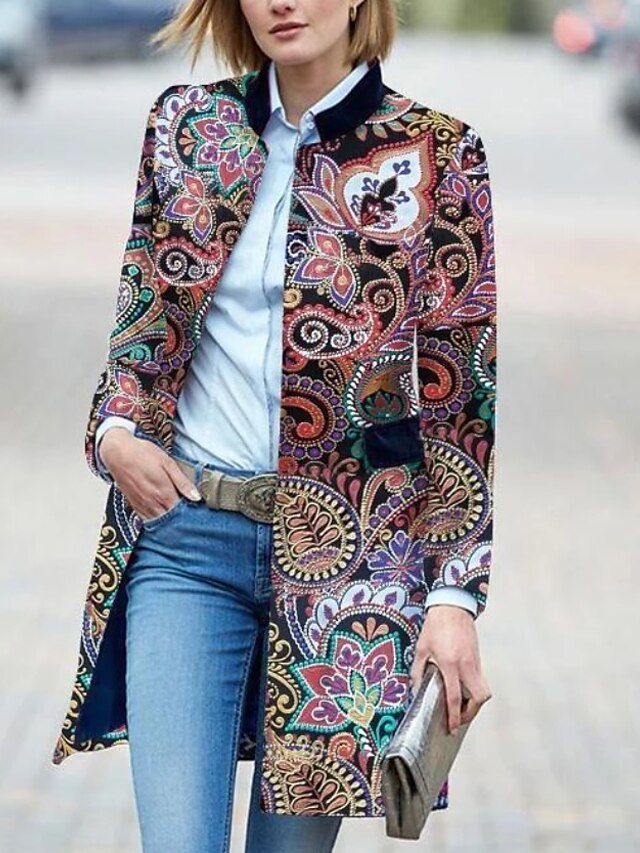  Women's Trench Coat Geometric Print Elegant & Luxurious Fall Winter Overcoat Stand Collar Long Coat Daily Long Sleeve Jacket Red