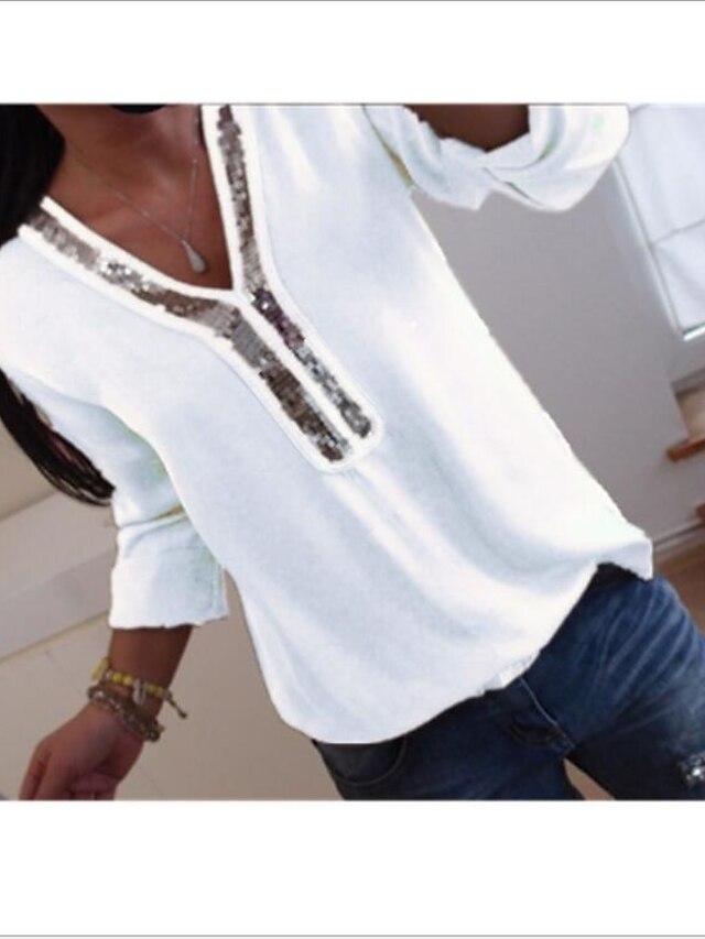  Women's Shirt Solid Colored Sequins Tops White Black Blue