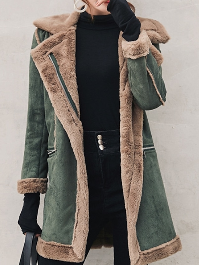  Per donna Quotidiano Autunno inverno Standard Cappotto, Tinta unita Collo ripiegabile Manica lunga Poliestere Marrone / Verde