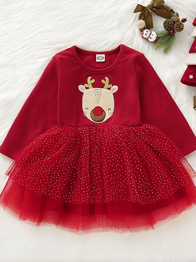  Bebé Chica Básico Vestido Rojo Estampado Navidad Manga Larga