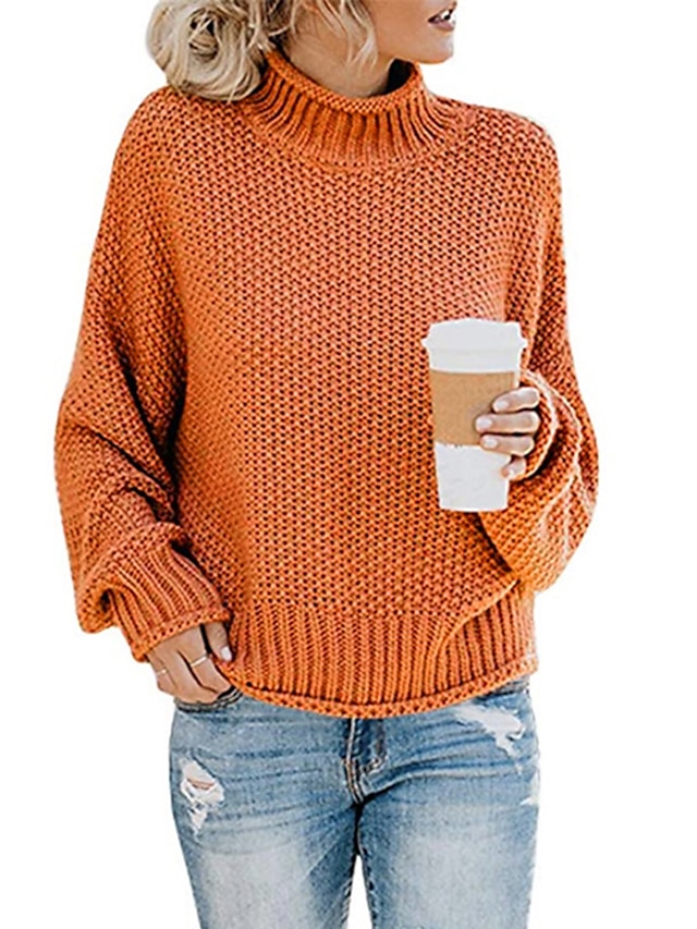  Women's Solid Colored Long Sleeve Pullover Sweater Jumper, Turtleneck Fall / Winter Cotton Wine / Black / Blue S / M / L