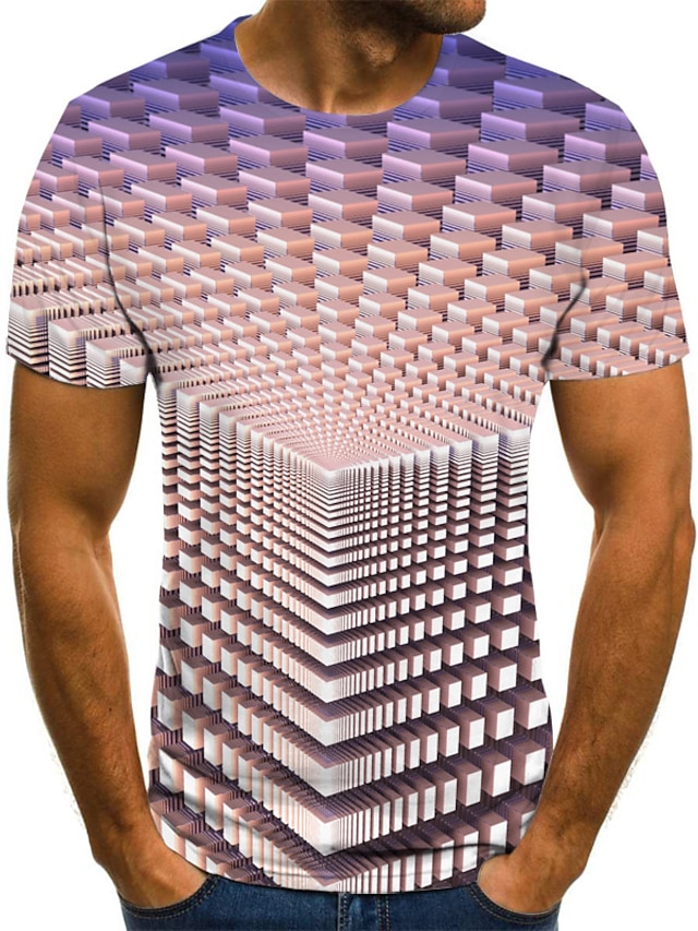  Men's T shirt Graphic Geometric 3D Plus Size Pleated Print Short Sleeve Weekend Tops Streetwear Purple