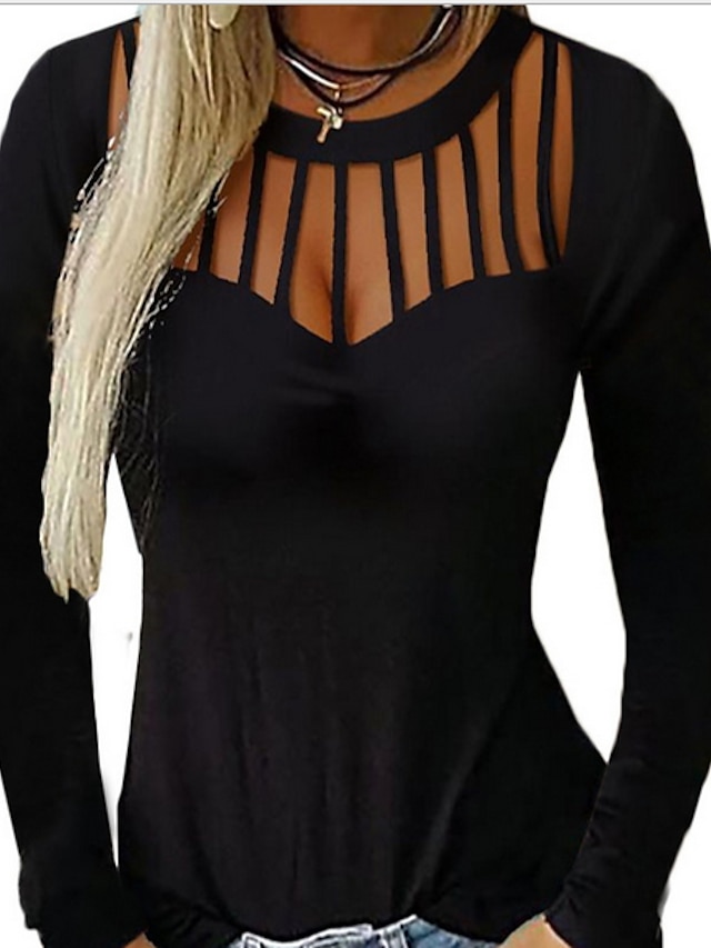  Women's T shirt Solid Colored Long Sleeve Round Neck Tops Basic Top Black Blue Purple