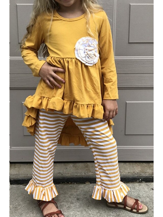  Kinder Mädchen Kleidungsset Langarm Gelb Gestreift Ostern Grundlegend