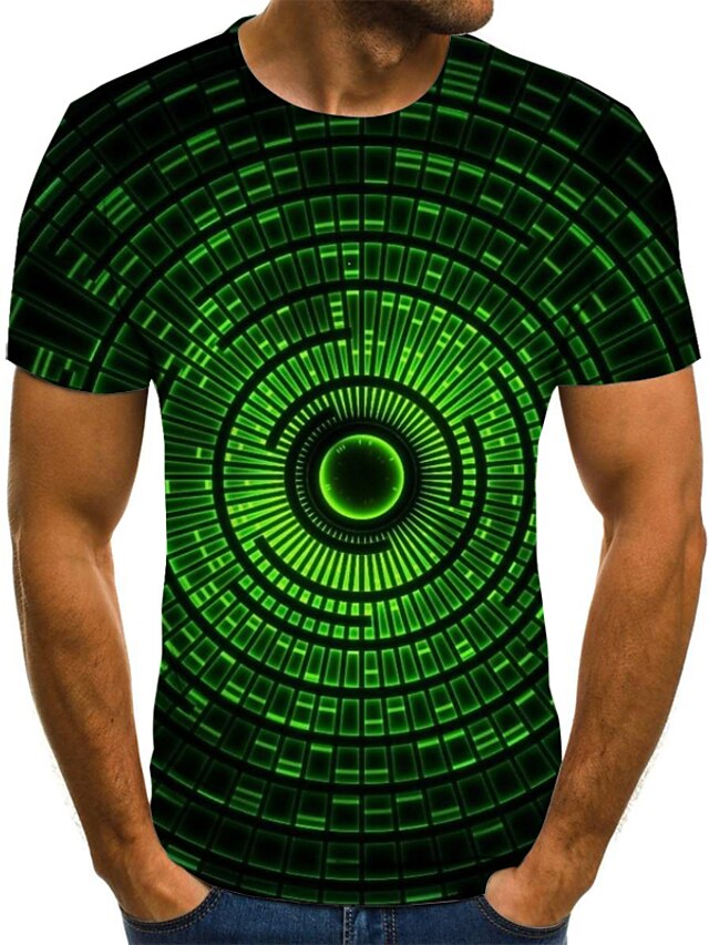  Men's Weekend T shirt Shirt Plus Size Graphic Color Block Geometric 3D Short Sleeve Pleated Print Tops Streetwear Round Neck Green / Summer