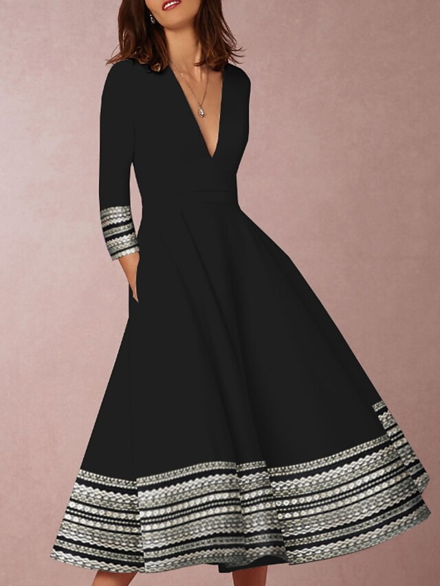  Women's Swing Dress Midi Dress - 3/4 Length Sleeve Geometric Print Deep V Elegant Going out Black S M L XL XXL 3XL