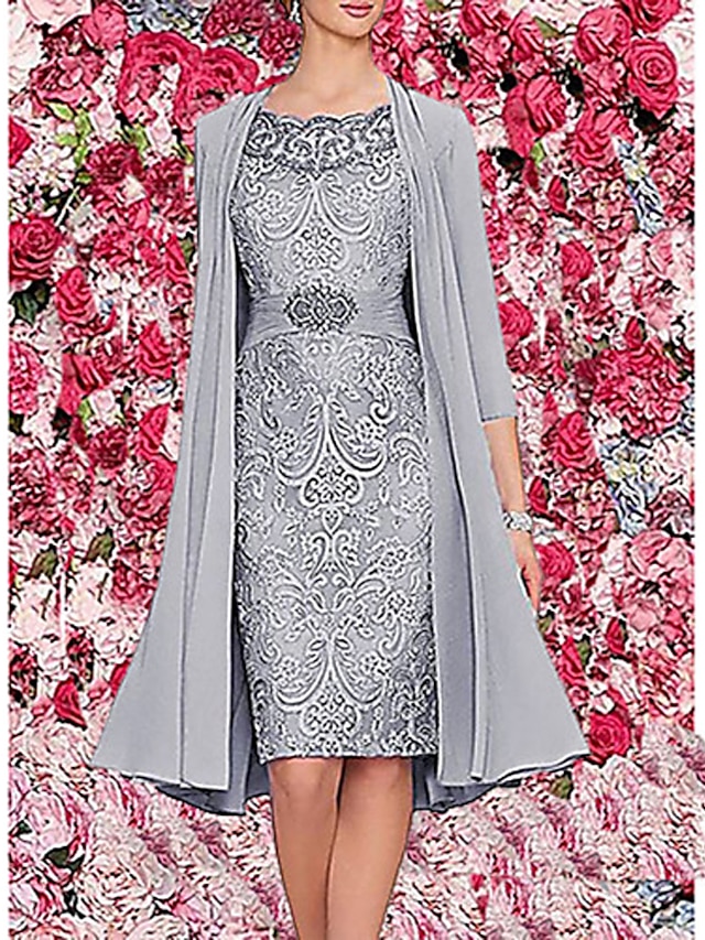  Women's Two Piece Dress Knee Length Dress Wine Dark Blue Gray 3/4 Length Sleeve Solid Colored Paisley Formal Style Lace Fall Spring Round Neck Hot Elegant 2021 M L XL XXL