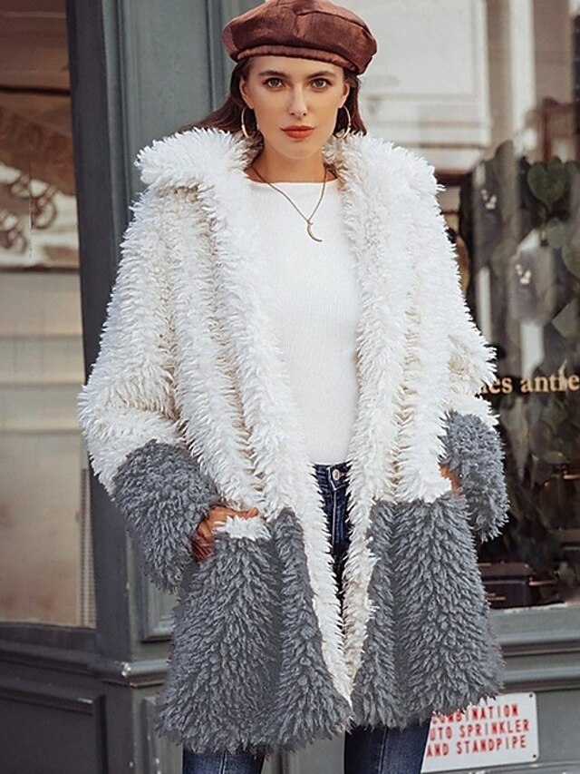  Women's Faux Fur Coat Fall & Winter Daily Regular Coat Regular Fit Jacket Long Sleeve Color Block Gray White