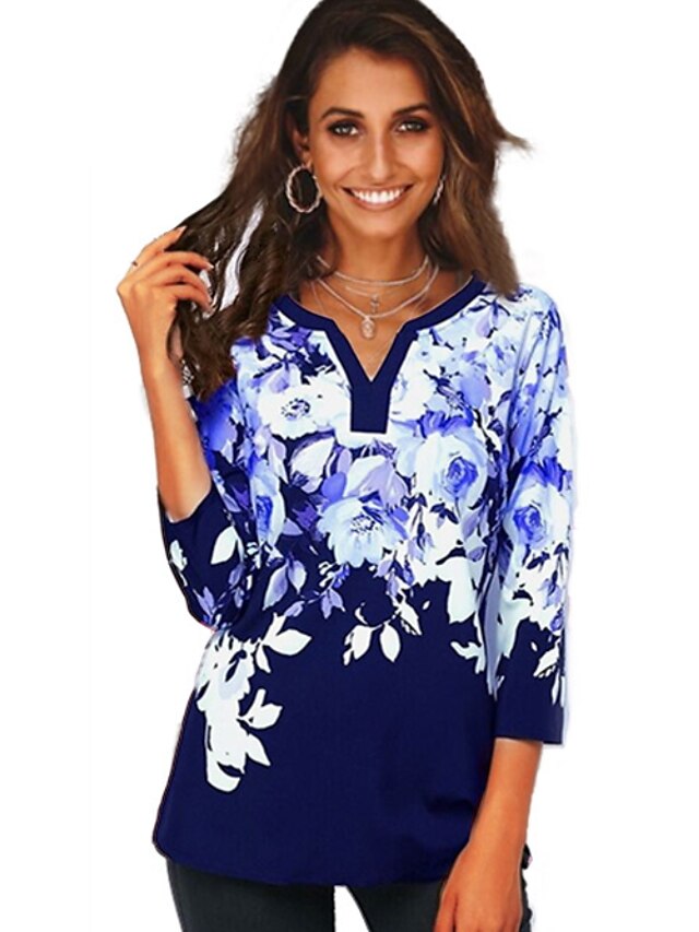  Femme Grandes Tailles Fleur Imprimé Tee-shirt Basique Quotidien Col en V Vin / Noir / Bleu / Violet