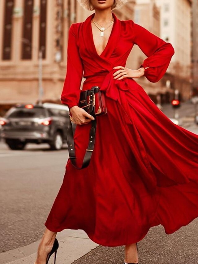  Women's Elegant Swing Dress - Solid Colored Red S M L XL