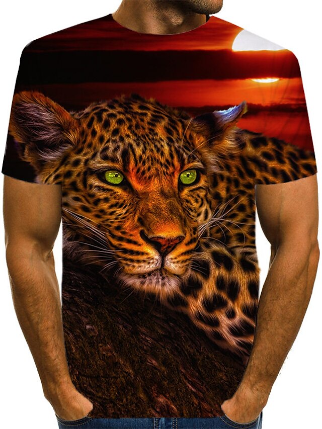  Herre Daglig T-shirt Grafisk Leopard 3D Dyr Kortærmet Trykt mønster Toppe Årgang Klippe Rund hals Regnbue / Sommer
