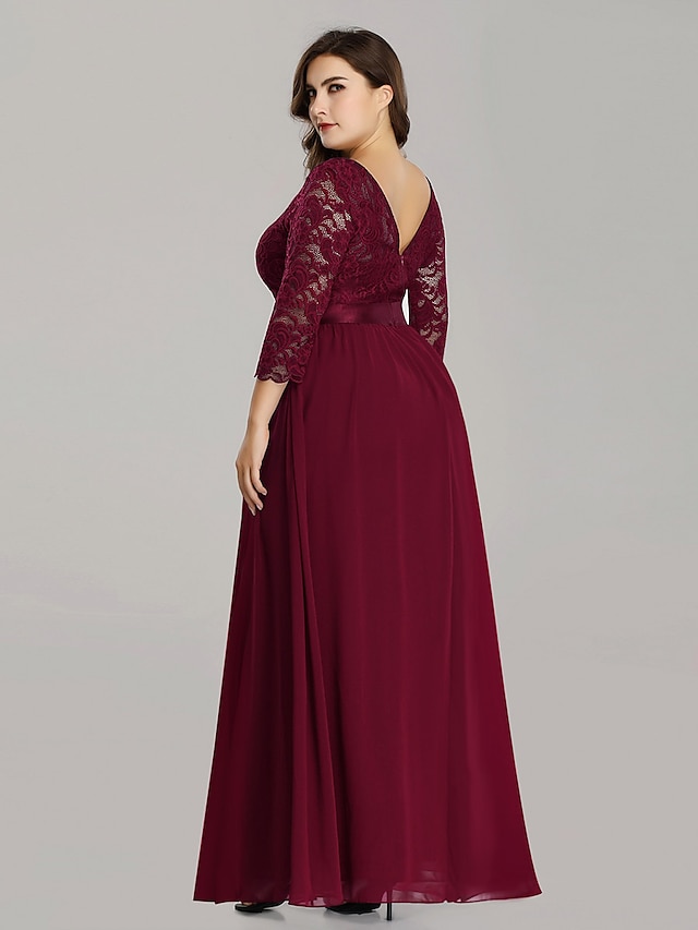  A-Line Mother of the Bride Dress Plus Size Jewel Neck Floor Length Chiffon Lace 3/4 Length Sleeve with Lace 2024