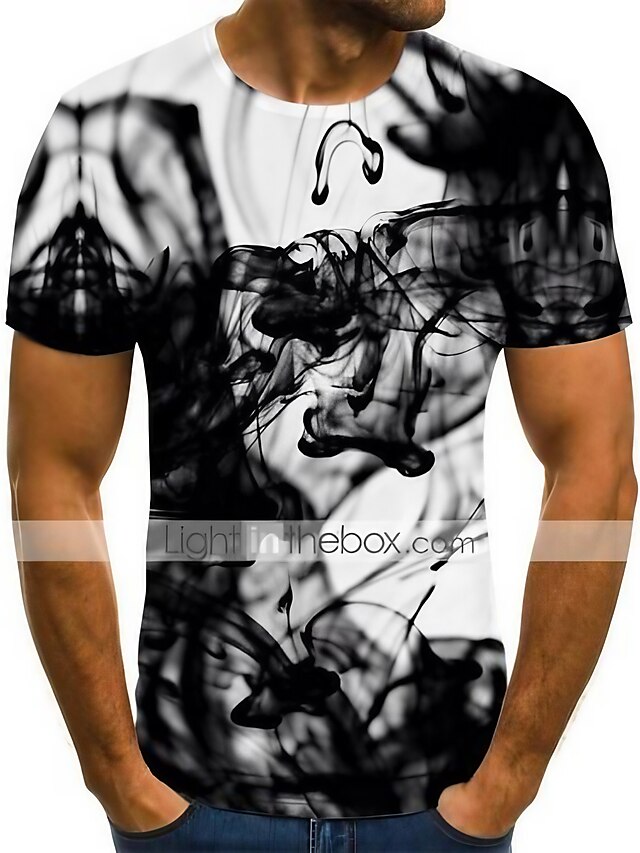  Mens Graphic Shirt Tee Abstract Round Neck Black Plus Size Daily Going Out Short Sleeve Pleated Print Clothing Apparel Streetwear Exaggerated Smoke And White Casual Cotton