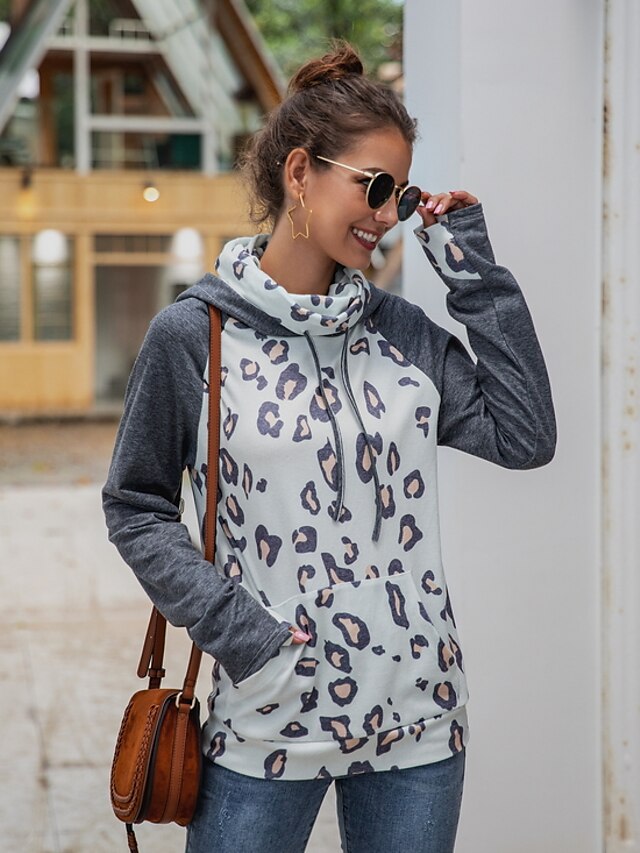  Damen Alltag Kapuzenshirt Leopard Freizeit Kapuzenpullover Sweatshirts Blau Grau