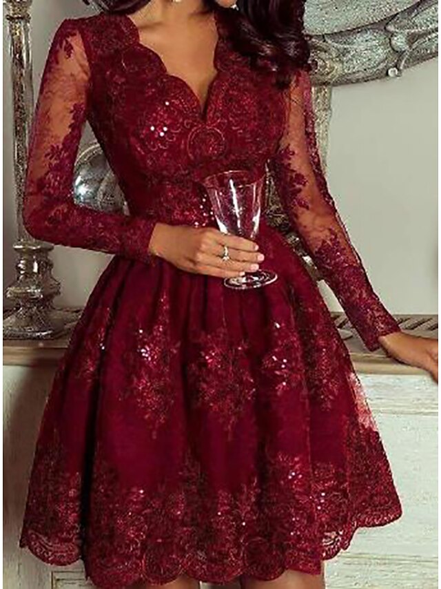  Women's A-Line Dress Short Mini Dress - Long Sleeve Floral Solid Color Sequins Deep V Elegant Going out Wine M L XL XXL 3XL