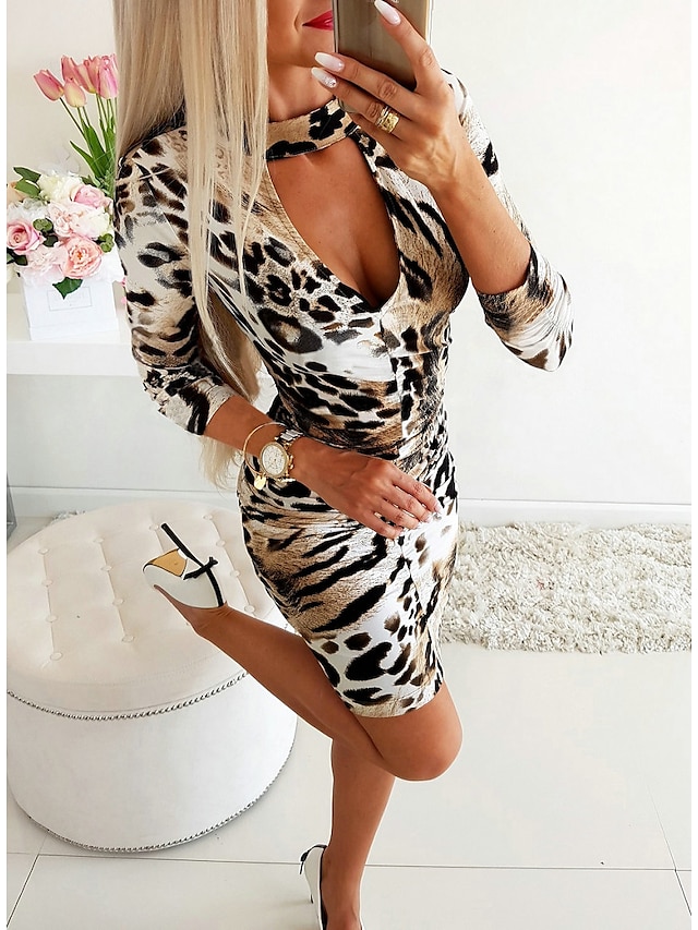  Damen Etuikleid Knielanges Kleid Khaki Langarm Leopard Druck Rundhalsausschnitt Grundlegend heiß S M L XL