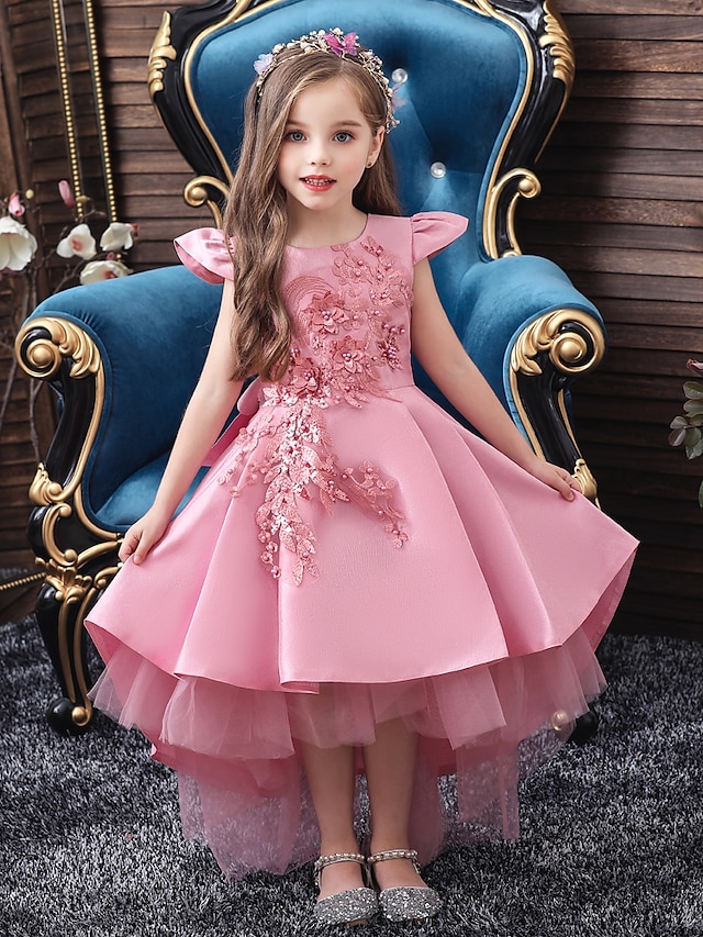 Kids Little Girls' Dress Solid Colored Lace Blue Yellow Blushing Pink Midi Short Sleeve Active Sweet Dresses New Year Slim