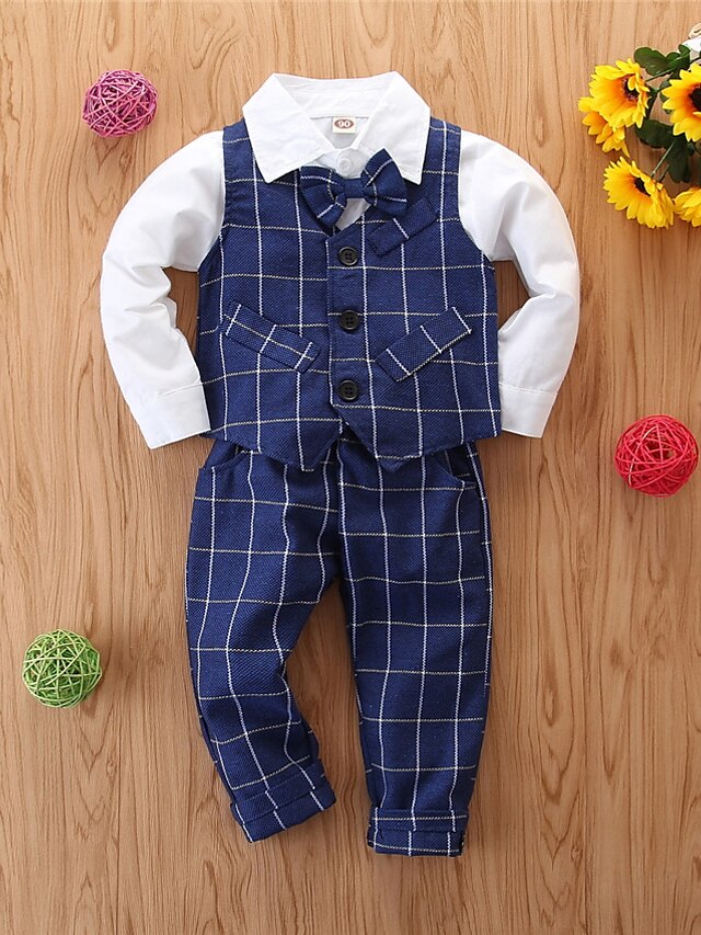  Kids Boys' Blouse Suit Vest Clothing Set Children's Day Long Sleeve 4 Pieces White Tie Knot Print Plaid Solid Color Party Wedding School Cotton Regular Basic Formal 3-8 Years