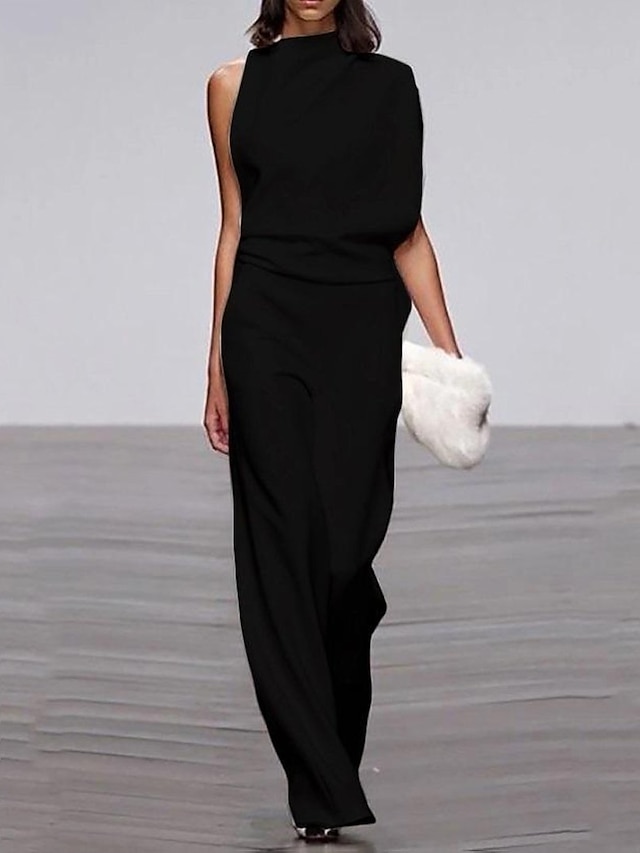 Women's Black Slim Jumpsuit Onesie, Solid Colored Patchwork S M L