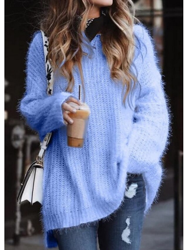  Women's Pullover Solid Colored Basic Plus Size Long Sleeve Loose Sweater Cardigans V Neck Blue Blushing Pink Gray