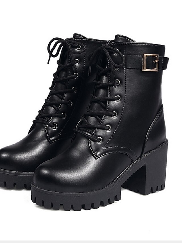  Women's Boots Block Heel Boots Daily Solid Colored Booties Ankle Boots Winter Buckle Lace-up Block Heel Round Toe Casual PU Lace-up Black