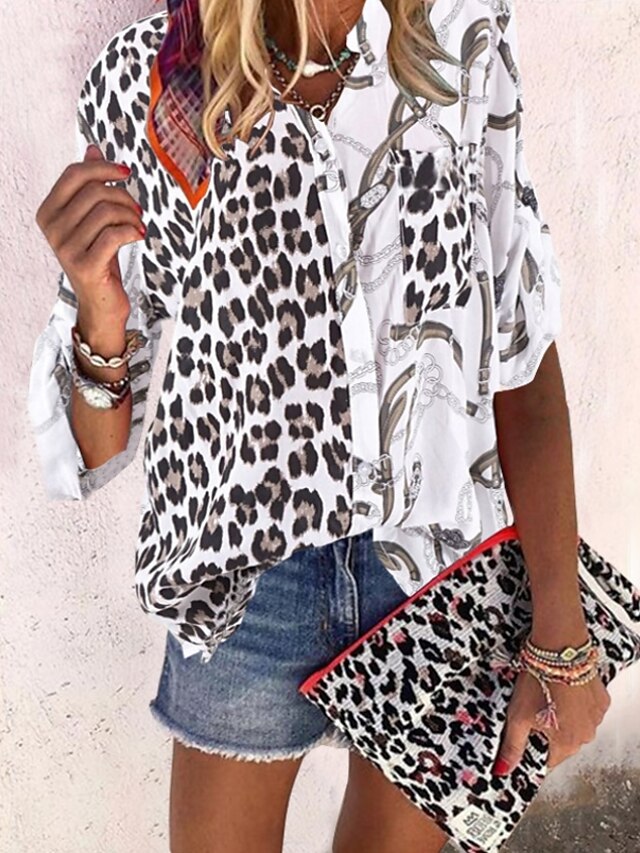  Damen Farbblock Leopard Gepard-Druck Normal Täglich Langarm Bluse Hemd V Ausschnitt Oberteile Weiß Schwarz Grau S