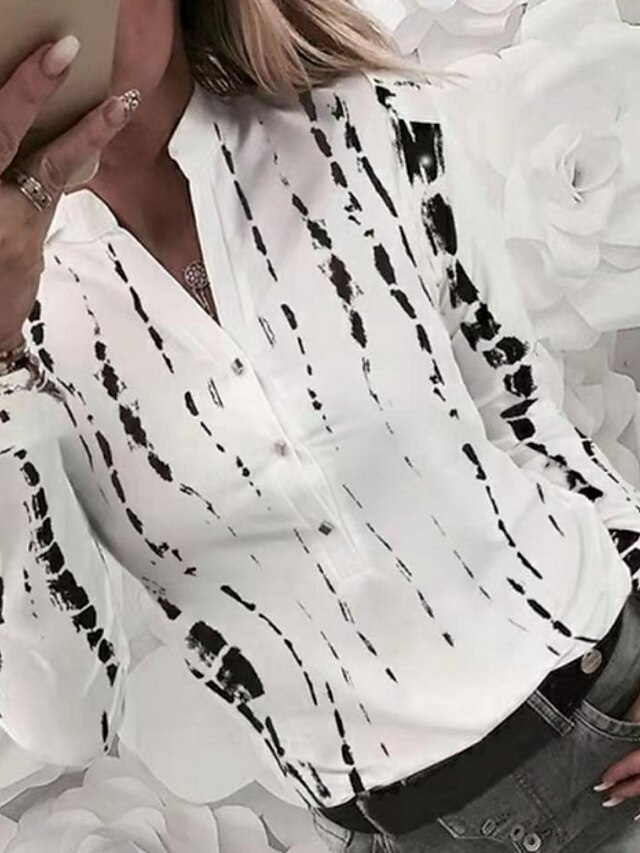  Per donna Fantasia geometrica Blusa Camicia Pulsante Manica lunga Quotidiano Top A V Bianco Blu Rosso