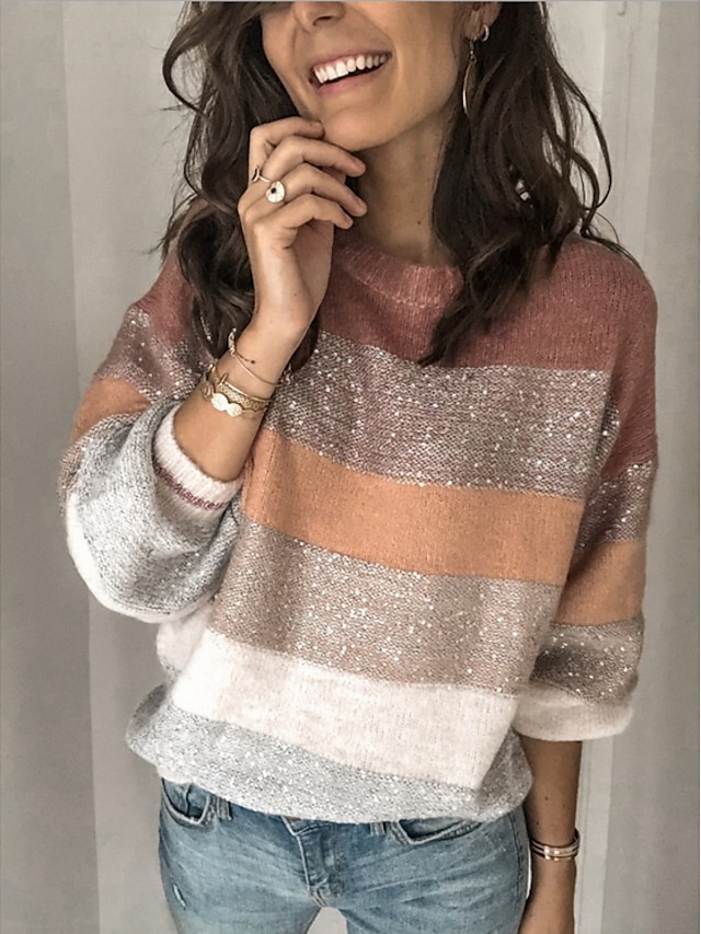  Femme Rayé Pullover Manches Longues Pull Cardigans Col Rond Rose Claire