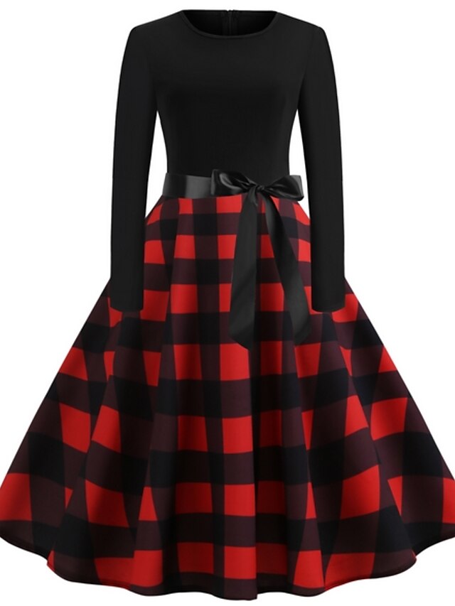  Women's A-Line Dress Knee Length Dress - Long Sleeve Plaid Bow Print 1950s Vintage Black S M L XL XXL