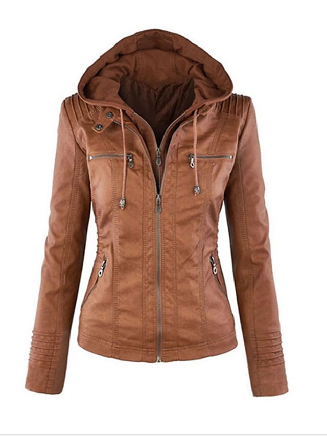  Women's Faux Leather Jacket Solid Colored Vintage Long Sleeve Coat Fall Spring Daily Regular Jacket Light Brown / Cotton