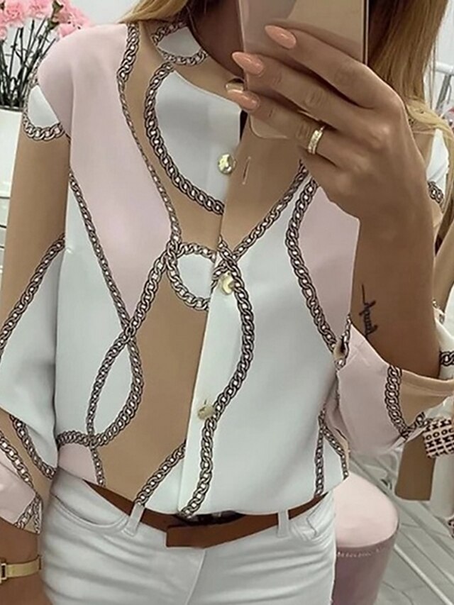  Women's Blouse Shirt Chains Print Long Sleeve Button Button Down Collar Tops Basic Top Khaki