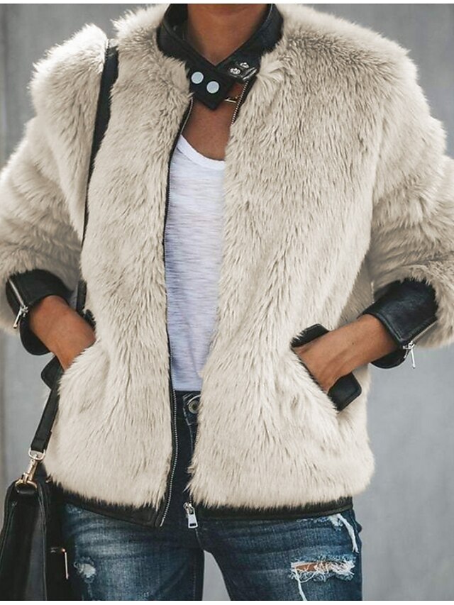  Dame Faux Fur Coat Normal Ensfarvet Daglig Basale Beige S M L XL
