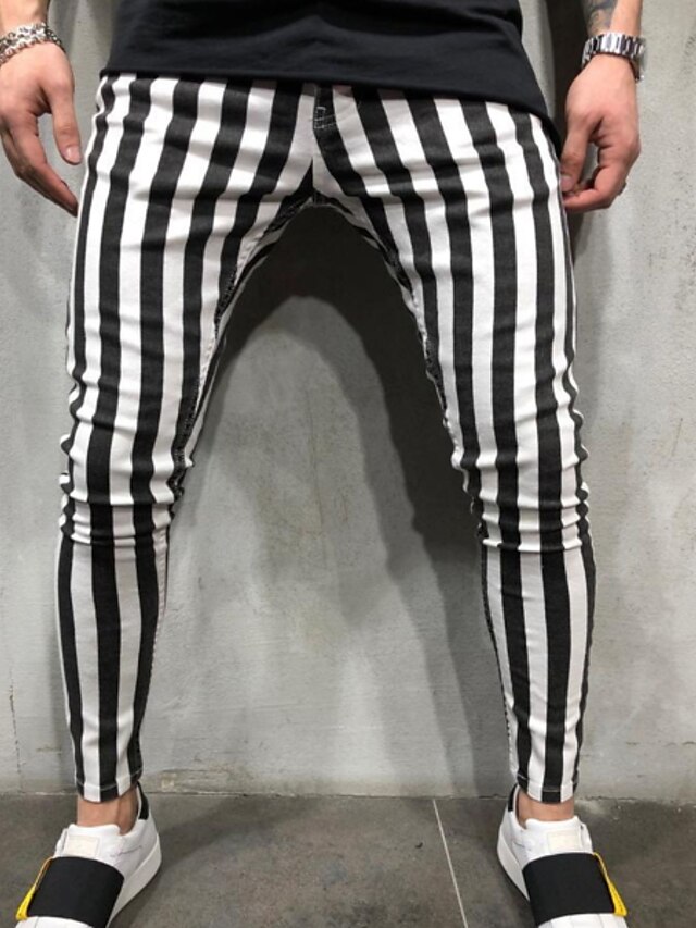  Men's Active Chinos Pants Full Length Striped White Black