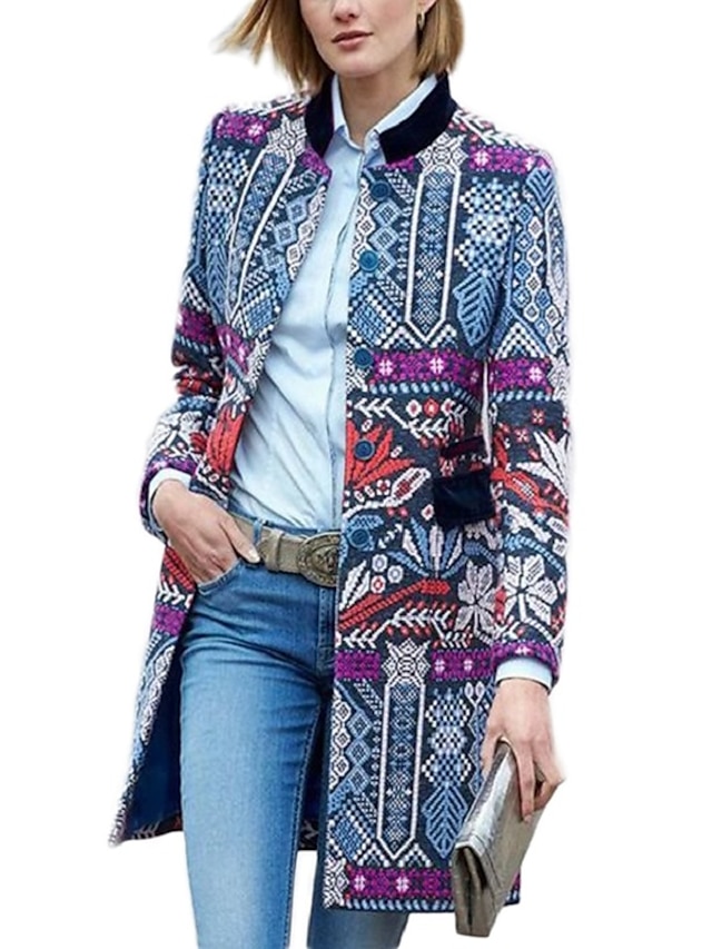  Femme Quotidien Automne hiver Longue Kimono Jacket, Géométrique Col Droit Manches Longues Coton Bleu / Mince
