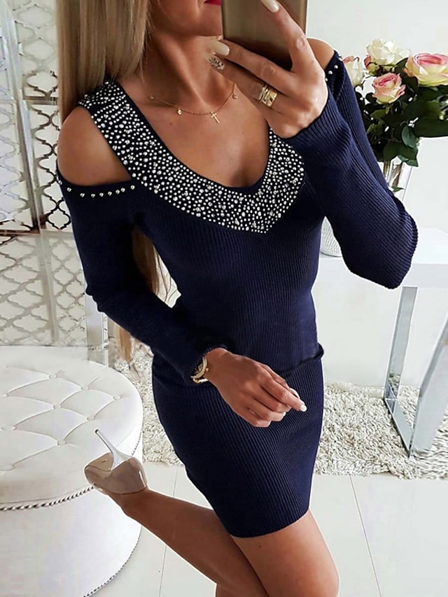  Women's Bodycon Long Sleeve Solid Colored Cut Out Glitter Deep V Casual / Daily Navy Blue Gray S M L XL