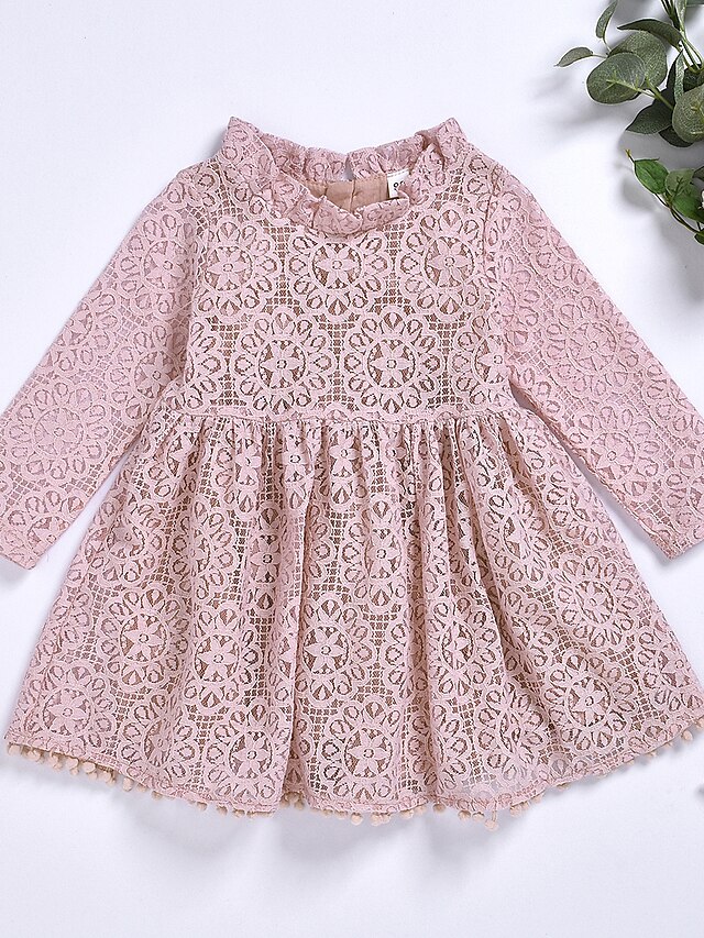  Kids Toddler Little Girls' Dress Solid Colored Cut Out Lace Trims Dusty Rose Cotton Knee-length Long Sleeve Active Cute Dresses Children's Day Loose