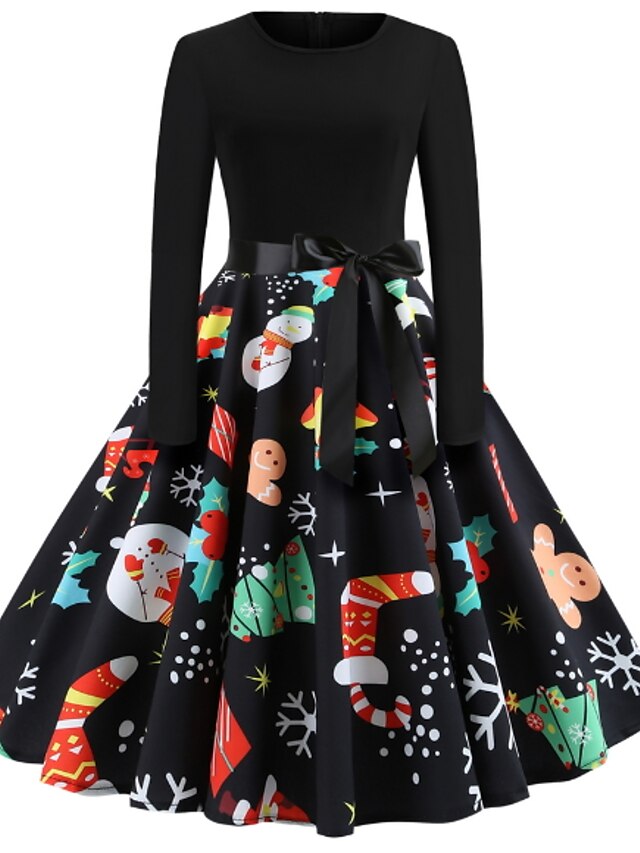  Women's Swing Dress Midi Dress Black Long Sleeve Floral Print Round Neck Basic Christmas Party S M L XL XXL