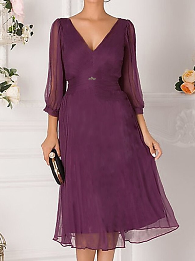  Women's A Line Dress - 3/4 Length Sleeve Solid Colored Off Shoulder Deep V Elegant Cocktail Party Red M L XL XXL XXXL