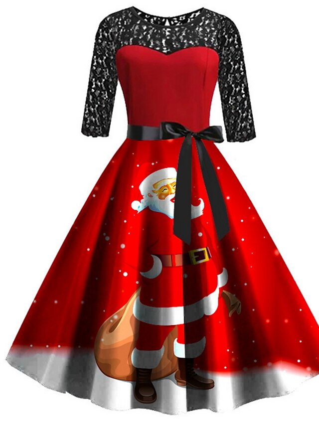  Damen A-Linie Kleid Midikleid - 3/4 Ärmel Geometrisch Druck Elegant Weihnachten Rote S M L XL XXL