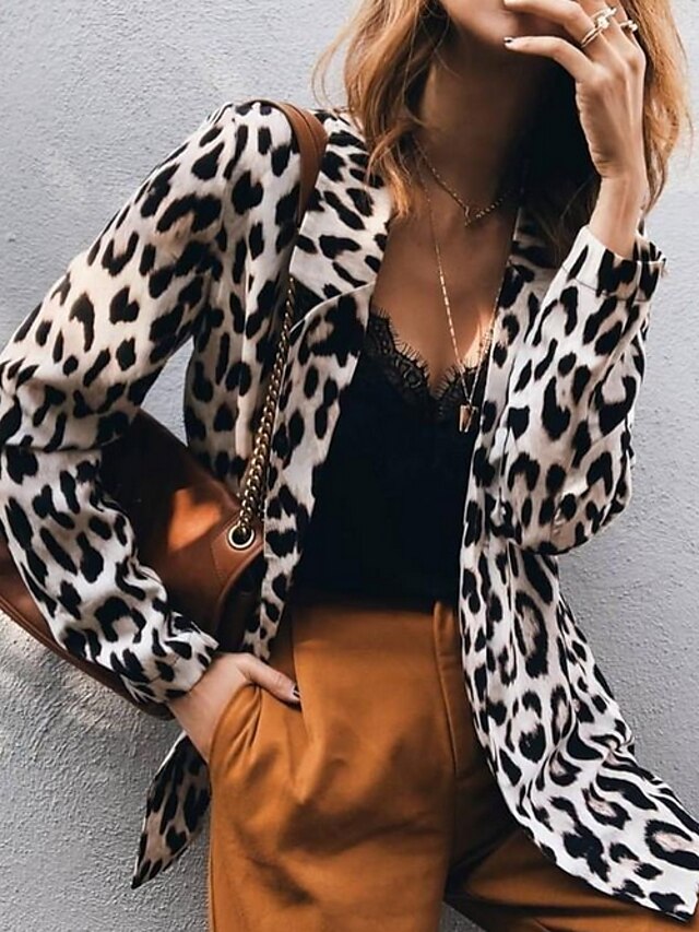  Women's Blazer Khaki Leopard Print Polyester Coat Tops