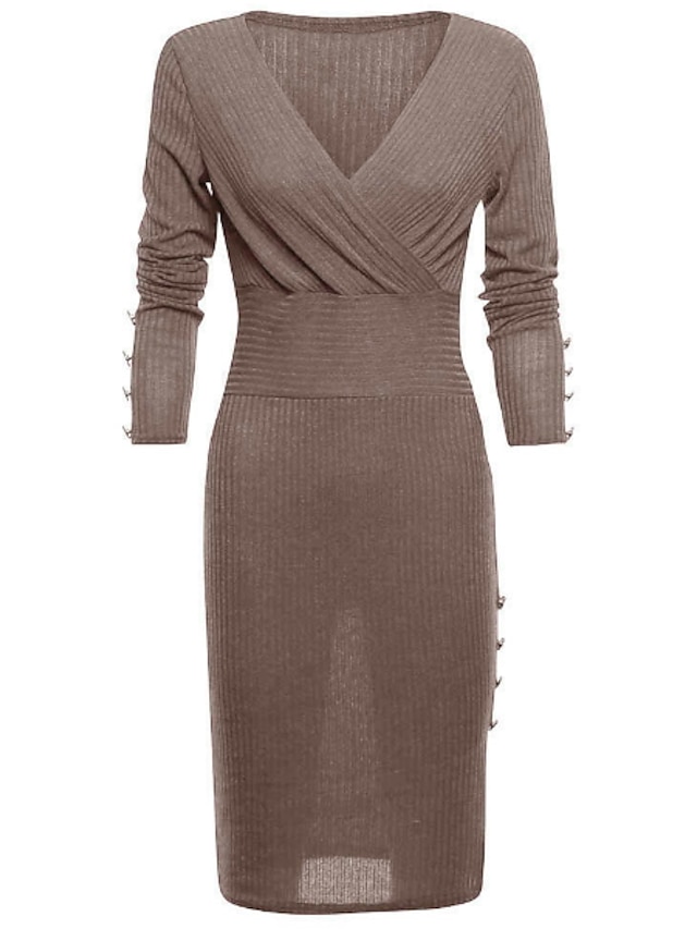  Women's Bodycon Midi Dress - Long Sleeve Solid Colored Deep V Blue Wine Dark Gray Brown S M L XL XXL