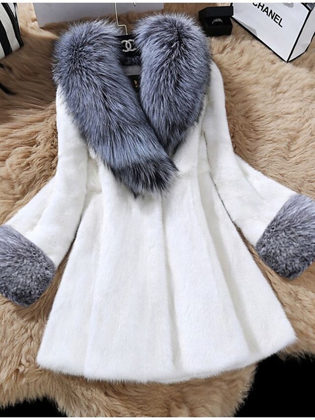  Women's Coat Fall & Winter Daily Long Coat V Neck Regular Fit Basic Jacket Long Sleeve Solid Colored White Black / Faux Fur