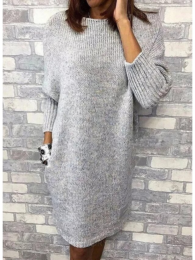  Women's Sweater Jumper Dress Knee Length Dress Gray Long Sleeve Solid Colored Round Neck M L XL XXL 3XL