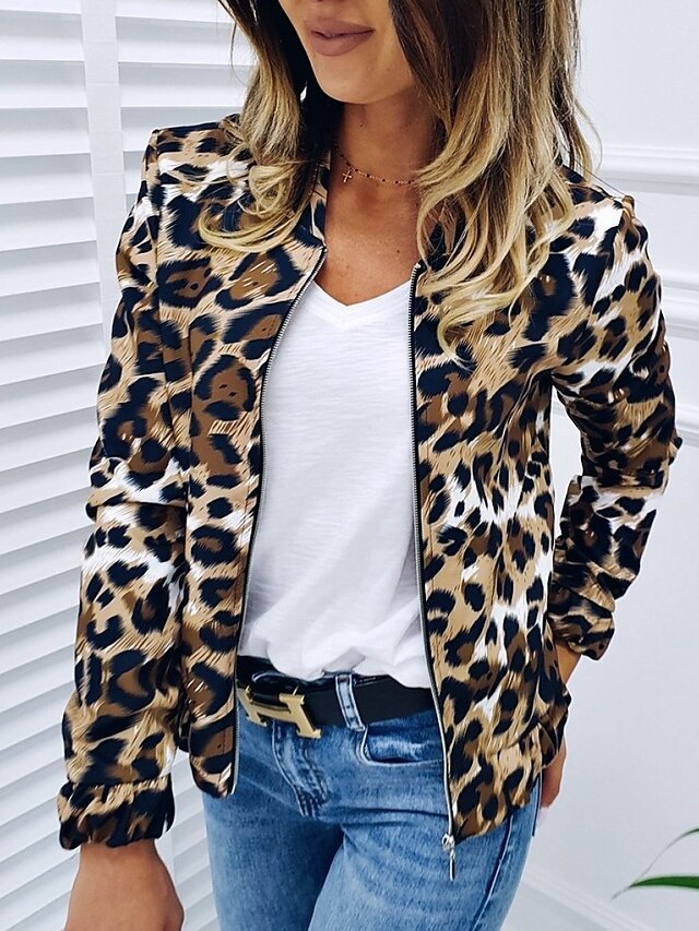  Women's Jacket Fall Spring Casual Daily Short Coat Warm Regular Fit Basic Casual Jacket Long Sleeve Print Leopard Print Brown