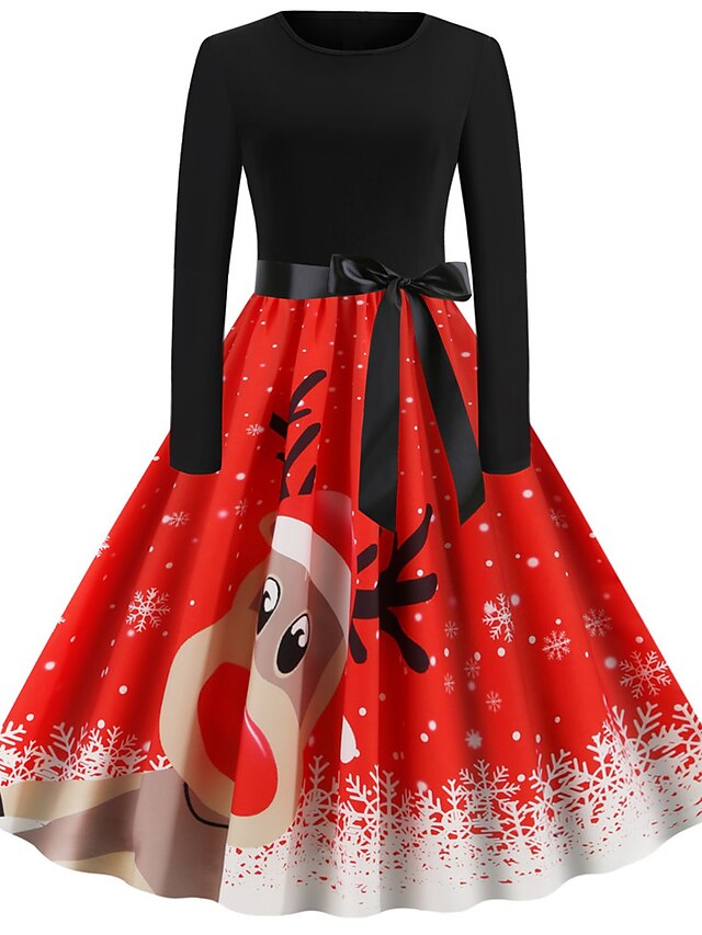  Damen A-Linie Kleid Midikleid - Langarm Solide Grundlegend Weihnachten Rote S M L XL XXL