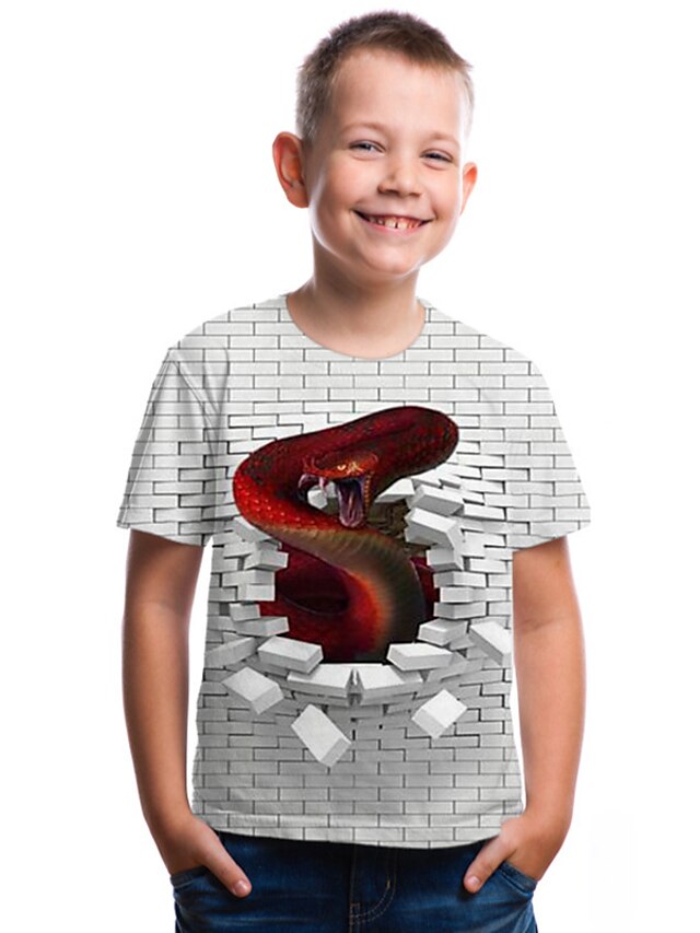  Børn Baby Drenge T-shirt Kortærmet Hvid 3D-udskrivning Fantastiske Dyr Trykt mønster Trykt mønster Farveblok Geometrisk 3D Aktiv Basale